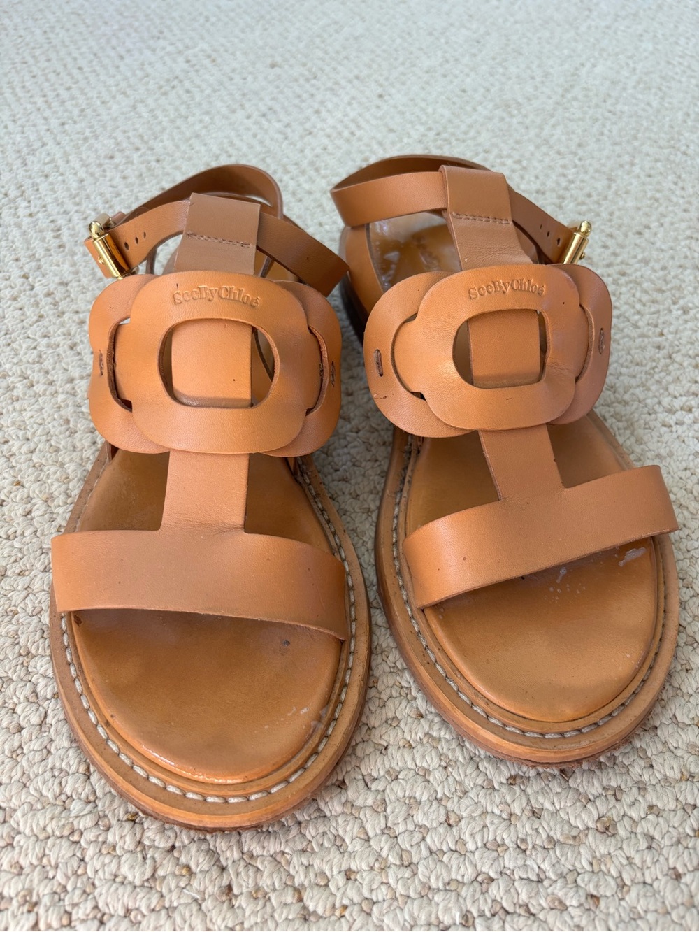 See By Chloe Cognac Leather Floral Buckle Sandals